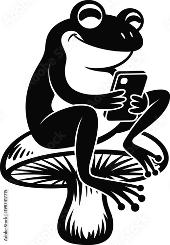 Frog on Mushroom SVG - Cottagecore Froggy Phone Toadstool Nature Printable Cut File,