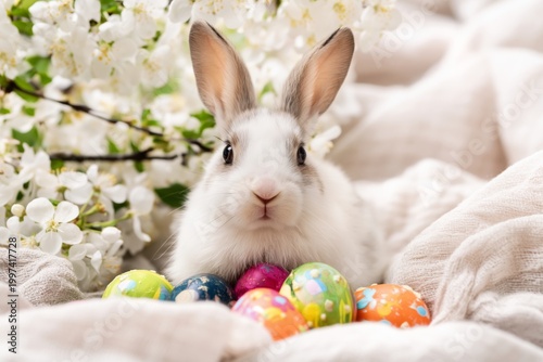 Bunny Sits Among Colorful Eggs and Flowers During Spring Celebration