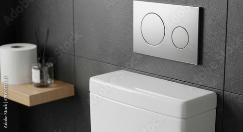 Metallic dual flush button on dark gray tile wall above white ceramic toilet in bathroom