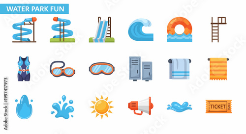 Water Park Fun Icons Set.
