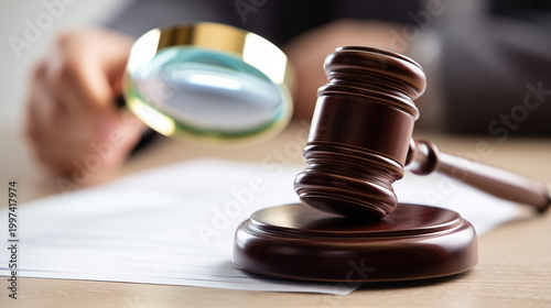 Close up of judge gavel and magnifying glass, legal review and justice concept.