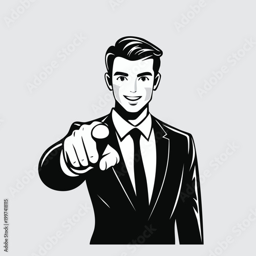 Black and white business character pointing at viewer with business pointing selection decision invitation recruitment opportunity agreement confidence friendly greeting executive employee