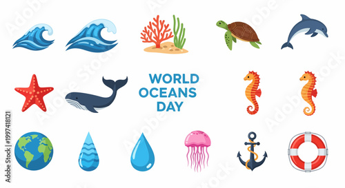 World Oceans Day Marine Life Icons.