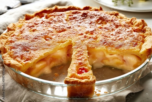 Homemade Pie Cooling on a Kitchen Counter With a Slice Missing
