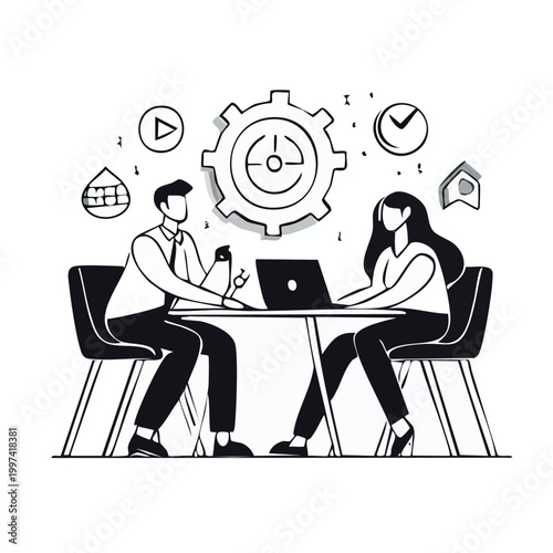 Business characters collaborate with laptop and gear icon office workers business meeting business people business success business strategy business teamwork business collaboration teamwork