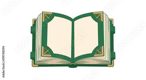 Ornate open book illustration with blank parchment pages, featuring a decorative green and gold cover, perfect for fantasy, education, or storytelling designs.
