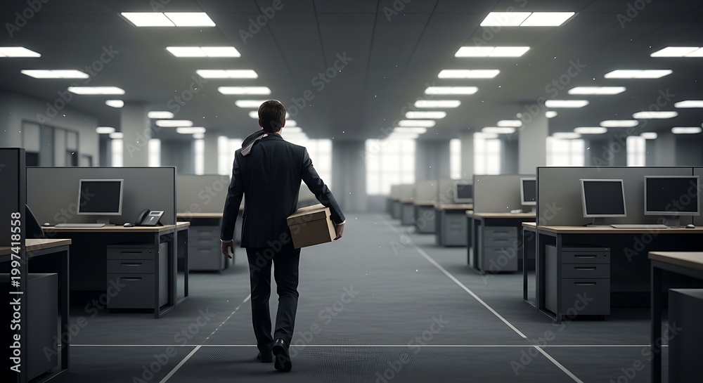 Fototapeta premium Man walks down office hallway with computers and desks on both sides