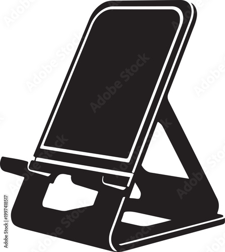 Black smartphone stand with phone on white background