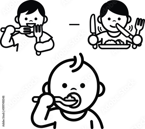Baby eating with spoon, toddler learning to eat with fork and knife, good manners