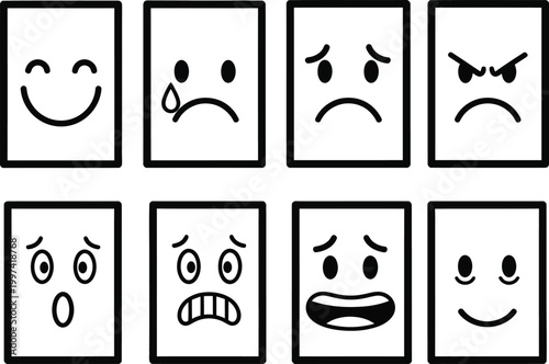 Set of cartoon face icons showing different emotions, happiness to anger
