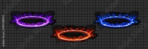 Glowing neon elliptical rings and magical electrical lightning frames