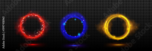 Swirling neon light trail circles and magical glowing ring frames