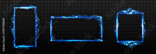 Blue glowing electrical lightning rectangular frames and borders