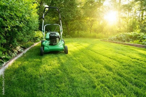Lawnmower Cuts Grass in a Backyard During Morning Light in a Residential Area
