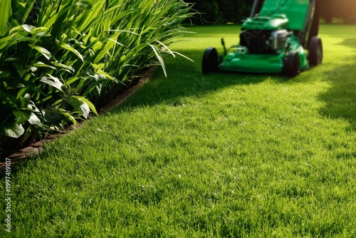 Lawnmower Cuts Grass in a Backyard During Morning Light in a Residential Area
