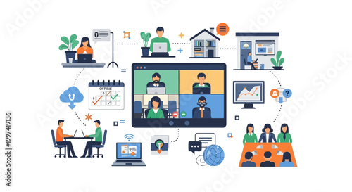 Remote Work and Online Collaboration Concept - Virtual Team Meetings, Digital Workplace, and Distributed Business Operations Illustration
