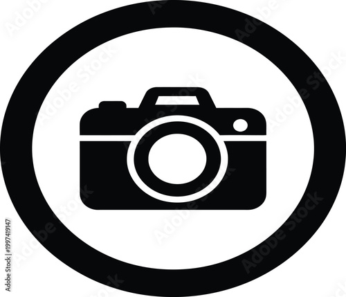 Black and white camera icon in oval frame