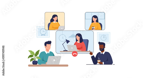 Virtual Business Meeting: Diverse Team Collaborating Online via Video Conference and Remote Work Technology