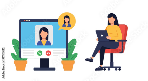 Woman on Laptop in Video Call: Remote Work, Online Meeting & Virtual Communication Illustration