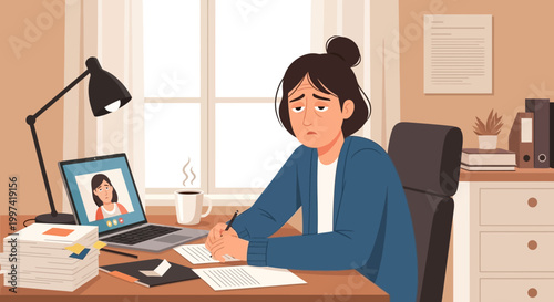 Burnout at Home Office: Exhausted Woman Working Remotely, Overwhelmed by Workload and Video Calls