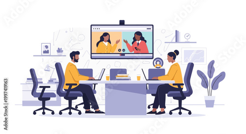 Hybrid Team Meeting: Colleagues Collaborate in Office while Connecting Remotely via Video Conference Call