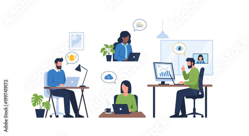 Modern Remote Work and Online Collaboration Concept. Diverse Professionals Working with Digital Communication, Cloud Services & Analytics.