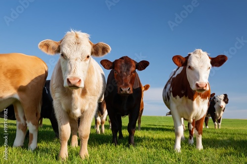 Cows Grazing in a Green Field Under a Clear Blue Sky During Daytime in a Rura...