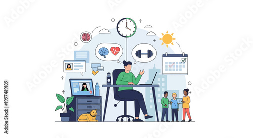 Remote Work-Life Integration & Wellness: Person Balancing Productivity, Family, and Self-Care from Home Office
