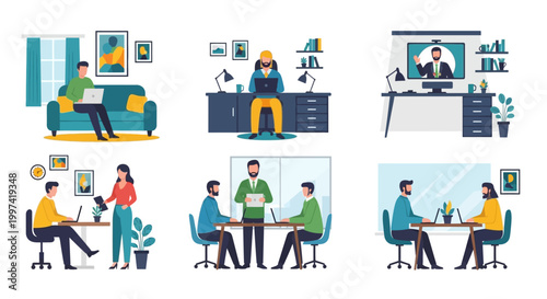 Dynamic Work Styles: Hybrid, Remote, and In-Office Collaboration with Virtual Meetings Vector Illustrations