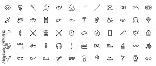 Hipster icon set. Vector illustration pack. Includes beard, glasses, bicycle, vinyl, camera, bow tie, pipe, hat and more. Editable stroke.