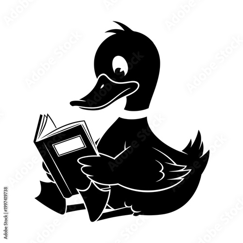 Cartoon duck silhouette reading book illustration for children education and library theme.