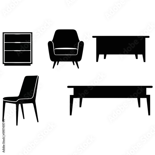 Collection of black furniture silhouettes including chairs armchair and coffee tables.