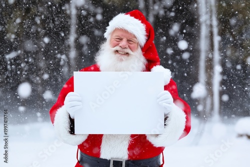 Santa Claus Holds Sign in Snowy Forest During Winter Season