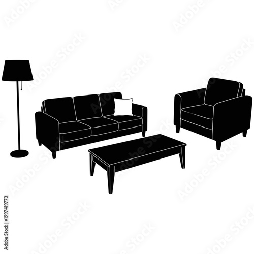 Furniture arrangement silhouette with sofa armchair and floor lamp for home interior scene.