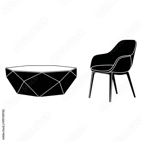 Minimalist black silhouettes of modern armchair and faceted coffee table set on grid.