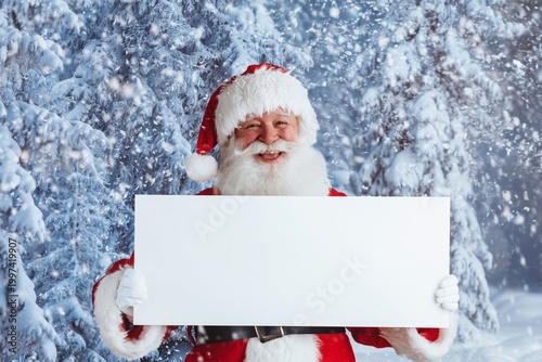 Santa Claus Smiles While Holding a Blank Sign in a Snowy Forest During Winter...