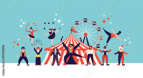 Circus performers and big top tent illustration showing a vibrant scene with acrobats, clowns, jugglers, and a ferris wheel at a carnival.