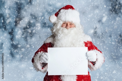 Santa Claus Smiles While Holding a Blank Sign in a Snowy Forest During Winter...