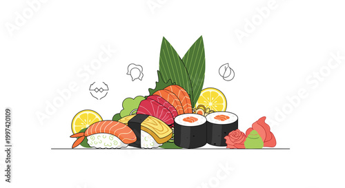Assorted Japanese sushi and sashimi platter with a delicious selection of maki rolls, nigiri with salmon, and fresh fish slices with ginger.