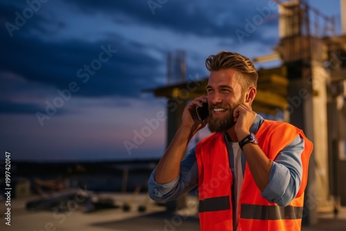 Construction Worker Talks on Phone at a Job Site During Evening Hours in a City