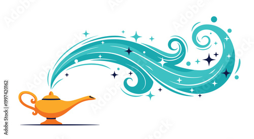 Magic lamp with glowing turquoise smoke and golden genie lamp releasing sparkling mystical clouds and stars on a clean white background.