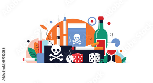 Dangerous addictions and bad habits illustration representing risks of drugs, alcohol, gambling, and smoking with skulls and dice symbols.