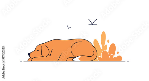 Peaceful illustration of a golden retriever dog sleeping soundly on the floor with birds flying in the background.