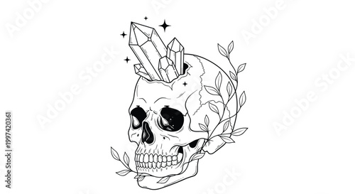 Detailed black and white line art of a human skull with large crystals growing from the head and beautiful leafy branches.