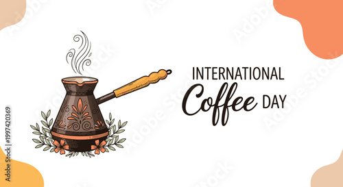 International coffee day banner design featuring a traditional copper coffee pot with steam and floral decorations.