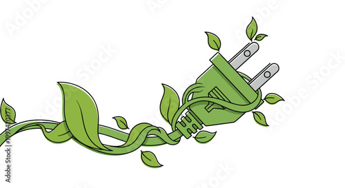 Eco friendly electrical plug icon entwined with green leaves and vines to symbolize clean renewable energy sources.