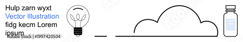 Innovation, healthcare, cloud storage, minimalism, energy, medication. Outline of a light bulb, a cloud and a bottle. Innovation and healthcare aspects with simple designs
