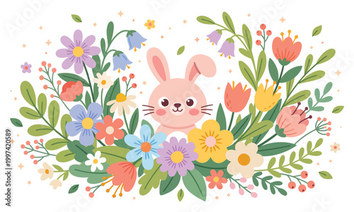 Cute Bunny with Colorful Spring Flowers Vector Illustration | Nursery Floral Cartoon Design