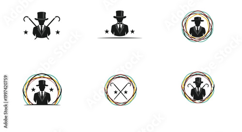 Gentleman and spy logo set featuring silhouettes of men in suits with top hats and walking sticks framed by colorful circular brush strokes.