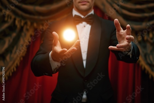 Magician Performs With a Glowing Orb on Stage During a Nighttime Show in a Th...
